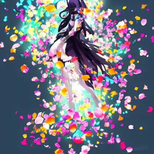 Image similar to background art of spaciously scattered multi colored flower petals flowing through the air from left to right on a clean background, anime, artgerm, manga, trending on artstation, yoji shinkawa