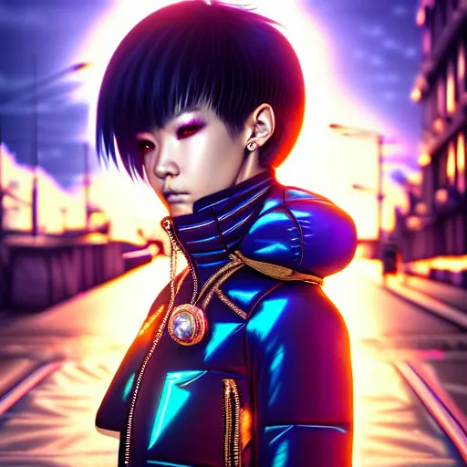 Prompt: hyperdetailed streets metals and shiny iridescent gems, dark rainbow nimbus, gold necklace, puffer jacket, inspired by ross tran and masamune shirow and kuvshinov, intricate, photorealistic, octane render, rtx, hdr, unreal engine, dnd digital art by artgerm