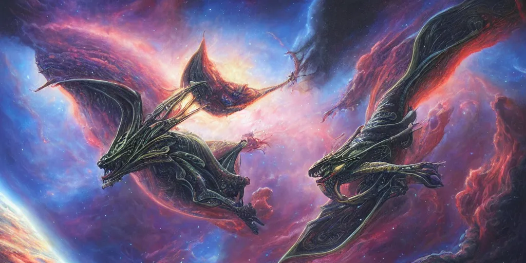 Prompt: an alien dragon flying in outer space, epic nebula, Dan Seagrave art