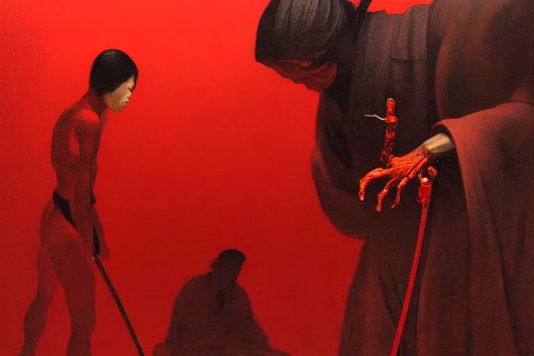 Image similar to only with red, a red samurai harakiri, tokio, a lot of frogs watch, in the style of beksinski, parts by edward hopper, parts by rodcenko, parts by yue minjun, intricate and epic composition, red by caravaggio, insanely quality, highly detailed, masterpiece, red light, artstation, 4 k