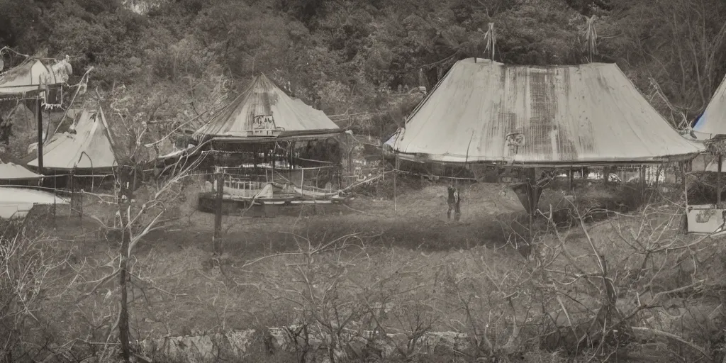 Image similar to elephant spirits flying above an abandoned amusement park tent