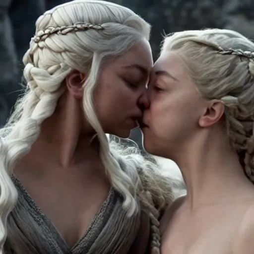 Prompt: daenerys targaryen kissing margaery tyrell on the lips