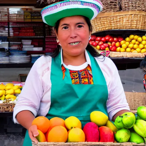 Image similar to Bolivian woman with apron and hat selling fruits in a Latin American market in anime style