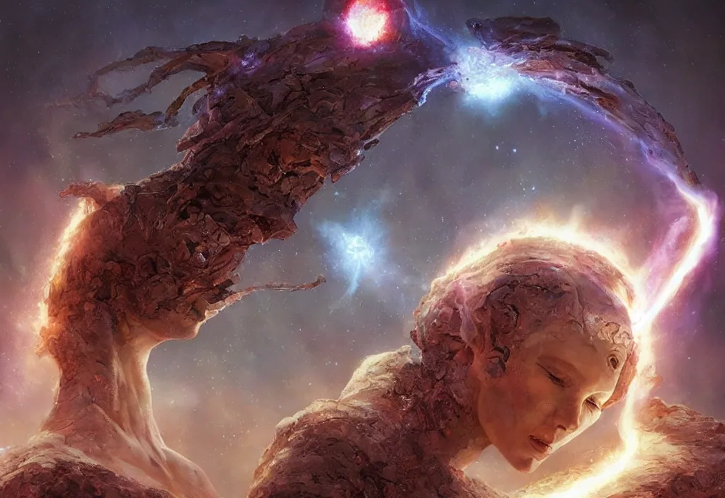 Image similar to an ancient alien female momument staring into space at a supernova, by dorian cleavenger, by greg rutkowski, by wlop, by astri lohne, by zdzisław beksinsk