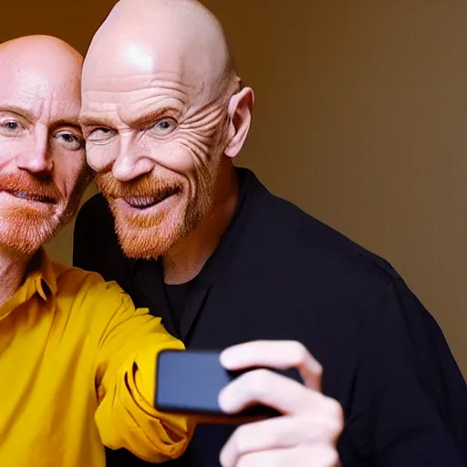 Image similar to Jerma taking a selfie with Bald Bryan Cranston with a goatee in Albuquerque, New Mexico with a yellow filter, real life, hyperrealistic, ultra realistic, realistic, highly detailed, epic, HD quality, 8k resolution, body and headshot, Trending on Artstation, very realistic