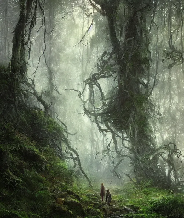 Prompt: most epic landscape, epic cinematic hyperrealism masterpiece. realistic poster with shaded lighting by craig mallismo, artgerm, jeremy lipkin and michael garmash, unreal engine, radiant light, detailed and complex environment, digital art, art station trends, environmental portrait, low angle, 3 5 mm, forest path, jungle, misty, moss, vines, fern