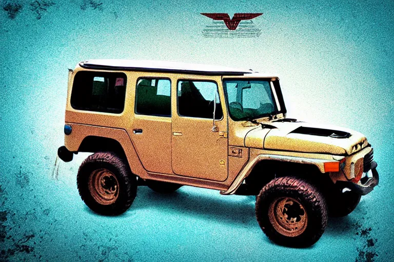 Prompt: digital illustration of a pale cyan mad max's fj 4 0 decrepit!!!! pursuit special, rusty!! nissan fj cruiser heavily modded 1 9 8 0 s, the last v 8 interceptor by makoto shinkai, ilya kuvshinov, lois van baarle, rossdraws, basquiat