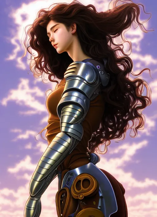 Image similar to young mysterious girl with long curly hazelnut hair, perfectly proportioned face, brown eyes, strong jawline, natural lighting, path traced, highly detailed, high quality, cartoon, digital painting, by new haicheng and studio ghibli and alphonse mucha wearing an alien armor designed by h. r. giger