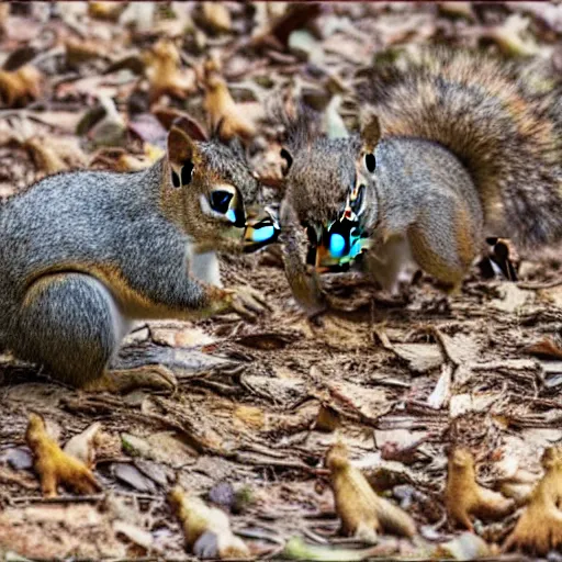 Image similar to army of squirrels fighting against child