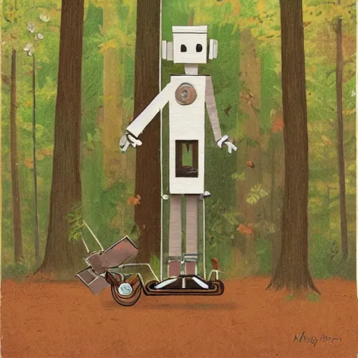 Image similar to robot made of a cardboard box, walking through the forest, in the style of Norman Rockwell