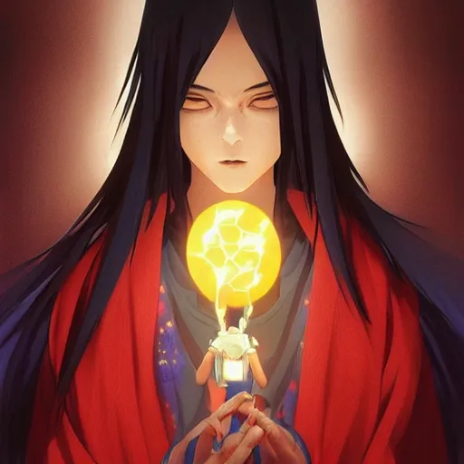 Image similar to itachi, glowing lights!! intricate, elegant, highly detailed, digital painting, artstation, concept art, smooth, sharp focus, illustration, art by artgerm and greg rutkowski and alphonse mucha