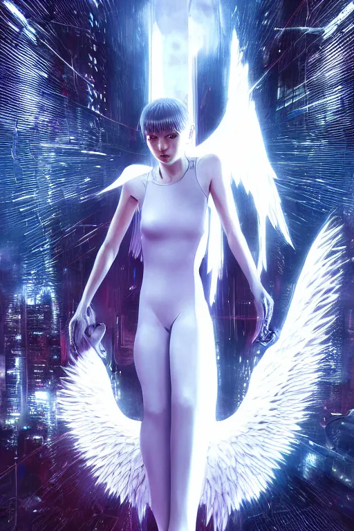 Image similar to white arc-angel with mystic robotic wings, blade runner, akira, ghost in the shell, 2077, ultra detailed, digital art, 8k ,character ,realistic, portrait, hyperrealistic