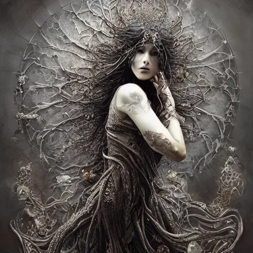 Prompt: ornate, intricate, young, beautiful, woman, fractal patterns, ethereal, flowers covering eyes, flowing hair, cinematic by Tsutomu Nihei by Emil Melmoth, Gustave Dore, Craig Mullins, yoji shinkawa,Luis Royo, skulls, artstation, pete morbacher, hyper detailed, high detail, artstation, rendering by octane, unreal engine, cinematic, ghost, clouds, colors, paint strokes, butterflies, gold, crown, beautiful eyes , 8K