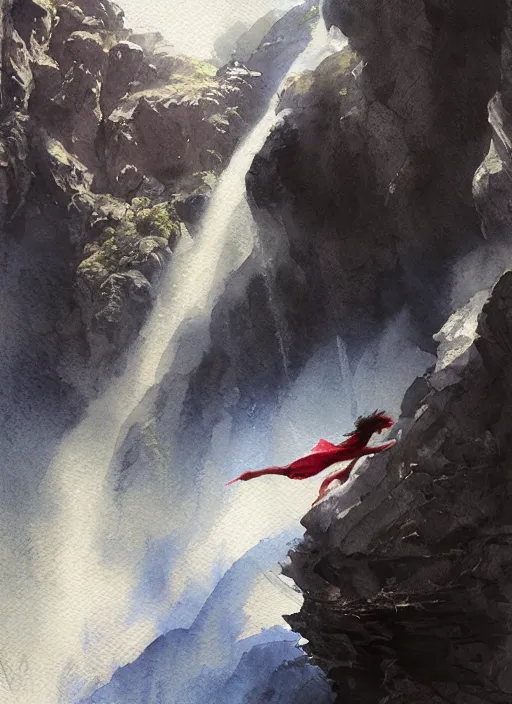 Image similar to portrait, of a flying girl over waterfall, watercolor, dramatic lighting, cinematic, establishing shot, extremely high detail, foto realistic, cinematic lighting, pen and ink, intricate line drawings, by Yoshitaka Amano, Ruan Jia, Kentaro Miura, Artgerm, post processed, concept art, artstation, matte painting, style by eddie mendoza, raphael lacoste, alex ross