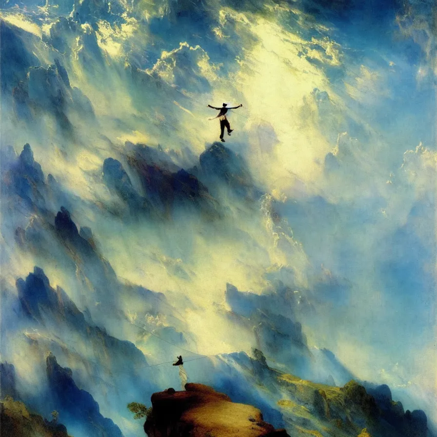 Prompt: tightrope artist walking among the clouds. painted by thomas moran. blue and indigo color scheme.