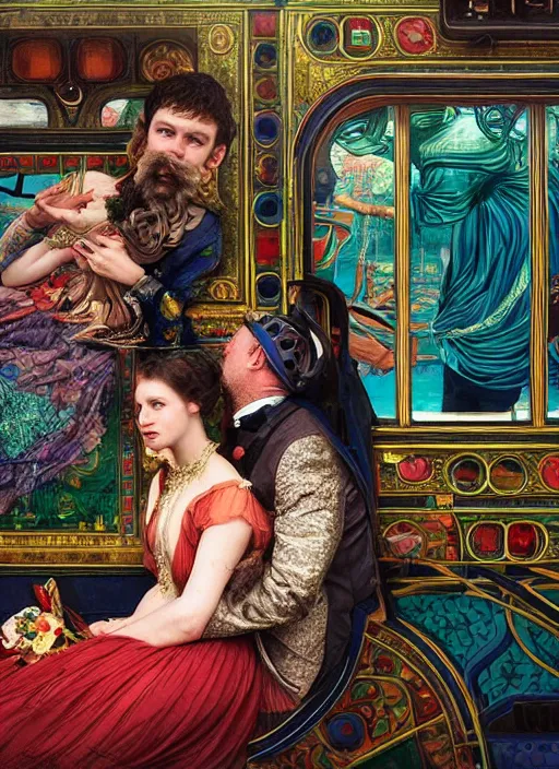 Prompt: detailed colourful masterpiece of photography couple wedding portrait sat down extreme closeup, inside an underwater train, detailed realistic expressions, wearing unusual clothes, by ford madox brown and moebius and frederic leighton and john william waterhouse and greg hildebrandt