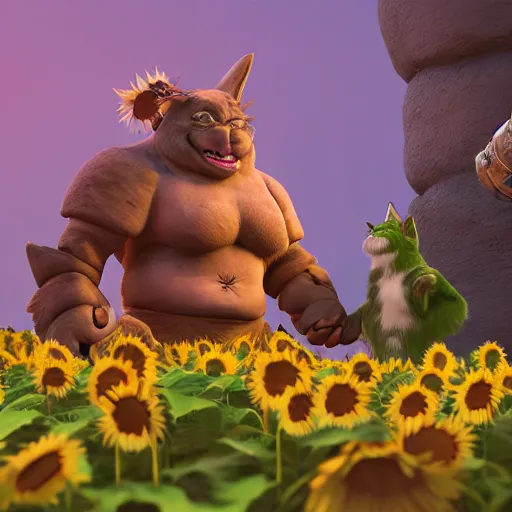 Prompt: ogre in lether armor petting a cat in sunflower fields, award winning, trending on artstation, unreal engine