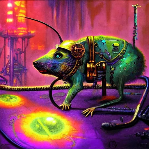 Image similar to steampunk rat, acid, 303, psychedelic, by paul lehr