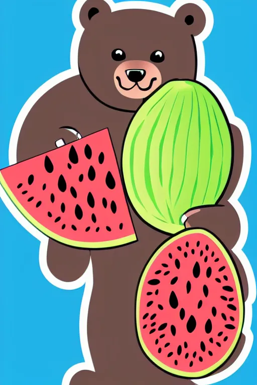 Prompt: Bear holding a watermelon, sticker, colorful, illustration, highly detailed, simple, smooth and clean vector curves, no jagged lines, vector art, smooth