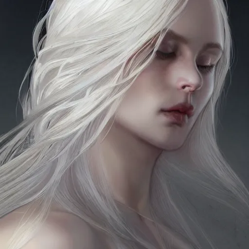 Image similar to goddess, white hair, long hair, closet eyes, seriousl look, praying, folded hands, artstation, highly detailed, georgeus, light background, by artgerm and gaston mussiere