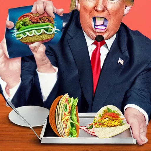 Image similar to Donald trump eating Taco Bell’s newest item, photorealistic