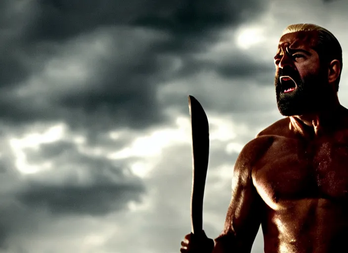 Prompt: cinematic film still of joe biden as leonidas shouting in 3 0 0 movie, 8 k, epic moody sky, dramatic lighting