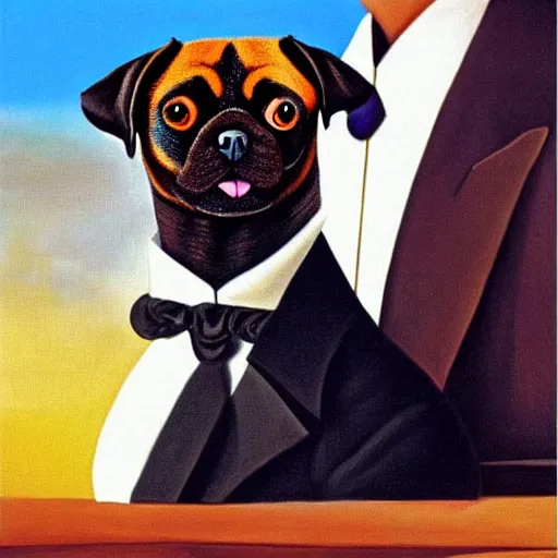 Prompt: a salvador dali portrait of black pugalier dog wearing suit and tie, surreal background, by salvador dali, trending on instagram, award winning details