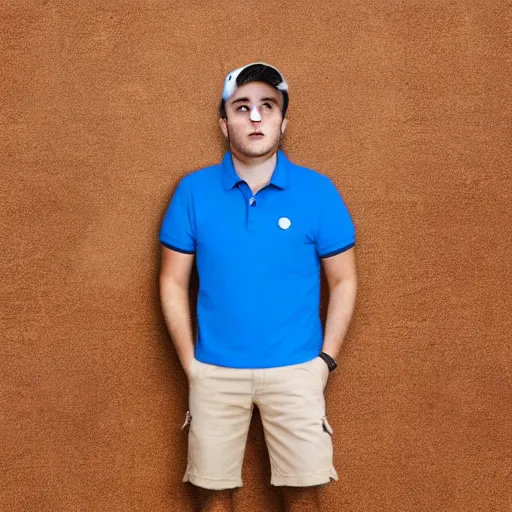 Image similar to anthropomorphic vulpes vulpes fulva wearing polo shirt and cargo shorts, male with lip piercing and blue eyes, 4 k