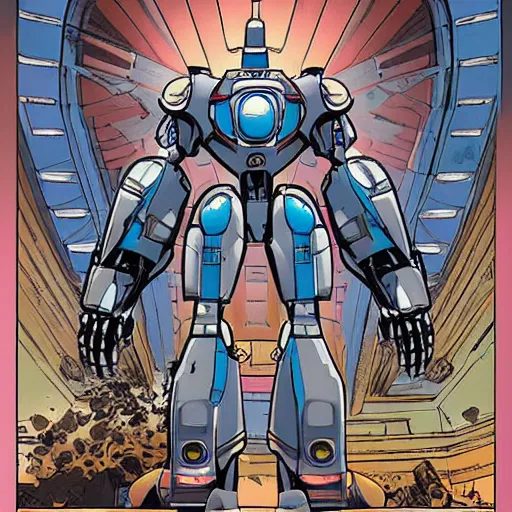 Prompt: mecha robot inside a Greek temple in style of Patrick Gleason and Marvel Comics, soft, glow