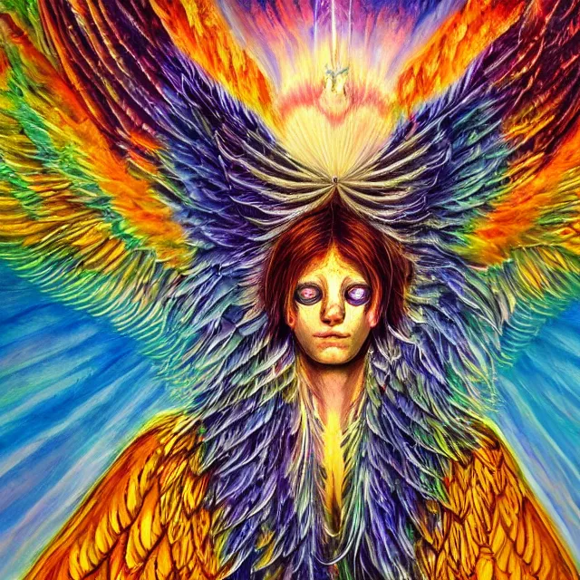 Image similar to angelic seraphim Lovecraftian celestial covered in eyes feathers and wings, oil painting award winning, chromatic aberration sharp colors, symmetrical geometry sublime angel be not afraid
