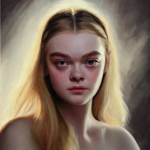 Prompt: ultra realistic portrait painting of elle fanning, art by frank frazetta, 4 k, ultra realistic, highly detailed, epic lighting
