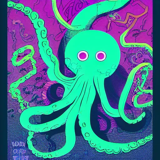 Image similar to an neon coloured adorable super cute baby octopus by feng zhu and loish and laurie greasley, victo ngai, andreas rocha, john harris