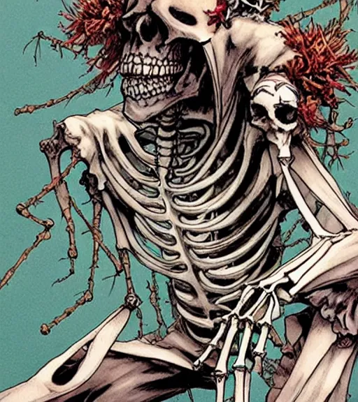 Image similar to a skeleton wearing a morticians outfit is pruning plants sprouting from a body, comic book art, by yoji shinkawa and takehiko inoue and kim jung gi, masterpiece, perfect