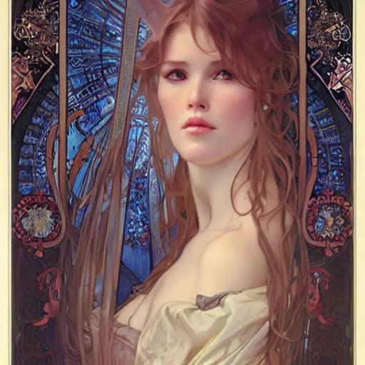 Prompt: realistic detailed face portrait of Claudia Schiffer by Alphonse Mucha, Ayami Kojima, Amano, Charlie Bowater, Karol Bak, Greg Hildebrandt, Jean Delville, and Mark Brooks, Art Nouveau, Neo-Gothic, gothic, rich deep moody colors