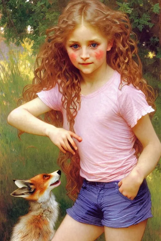 Image similar to a seven - year old girl with long curly dirty blonde hair, blue eyes, tan skin, a pink tee shirt, shorts, playing with a fox, painting by daniel gerhartz, alphonse mucha, bouguereau, detailed art, artstation, realistic fox