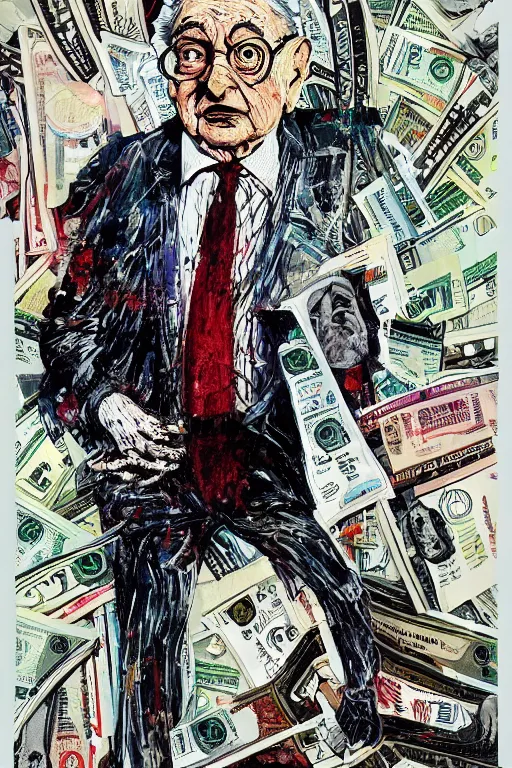 Image similar to George Soros full body shot, dollar bills Body horror, biopunk, by Ralph Steadman, Francis Bacon, Hunter S Thompson