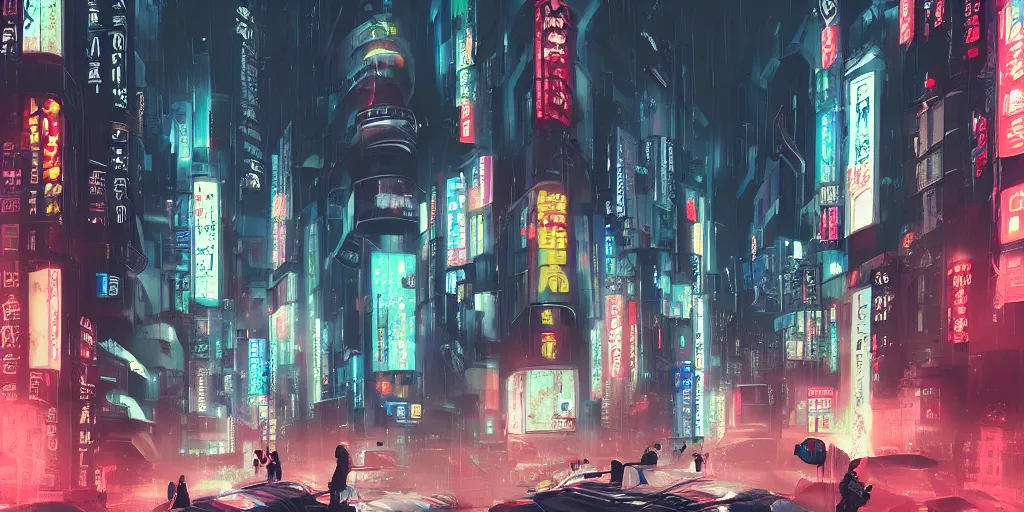 Prompt: rainy futuristic tokyo neon city with futuristic vehicles and robots, cyberpunk, megacity, sci-fi, matte painting, concept art, style by dylan cole