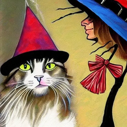 Image similar to beautiful work of art artistic painting realistic masterpiece where a cat comes out with a witch hat