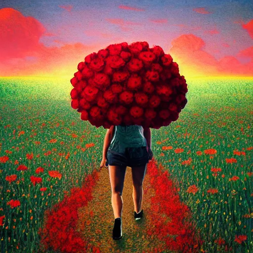 Image similar to giant red carnation afro, full body, girl walking in the middle of a field with flowers, surreal photography, hills, sunrise dramatic light, impressionist painting, colorful clouds, digital painting, pointillism, artstation, simon stalenhag