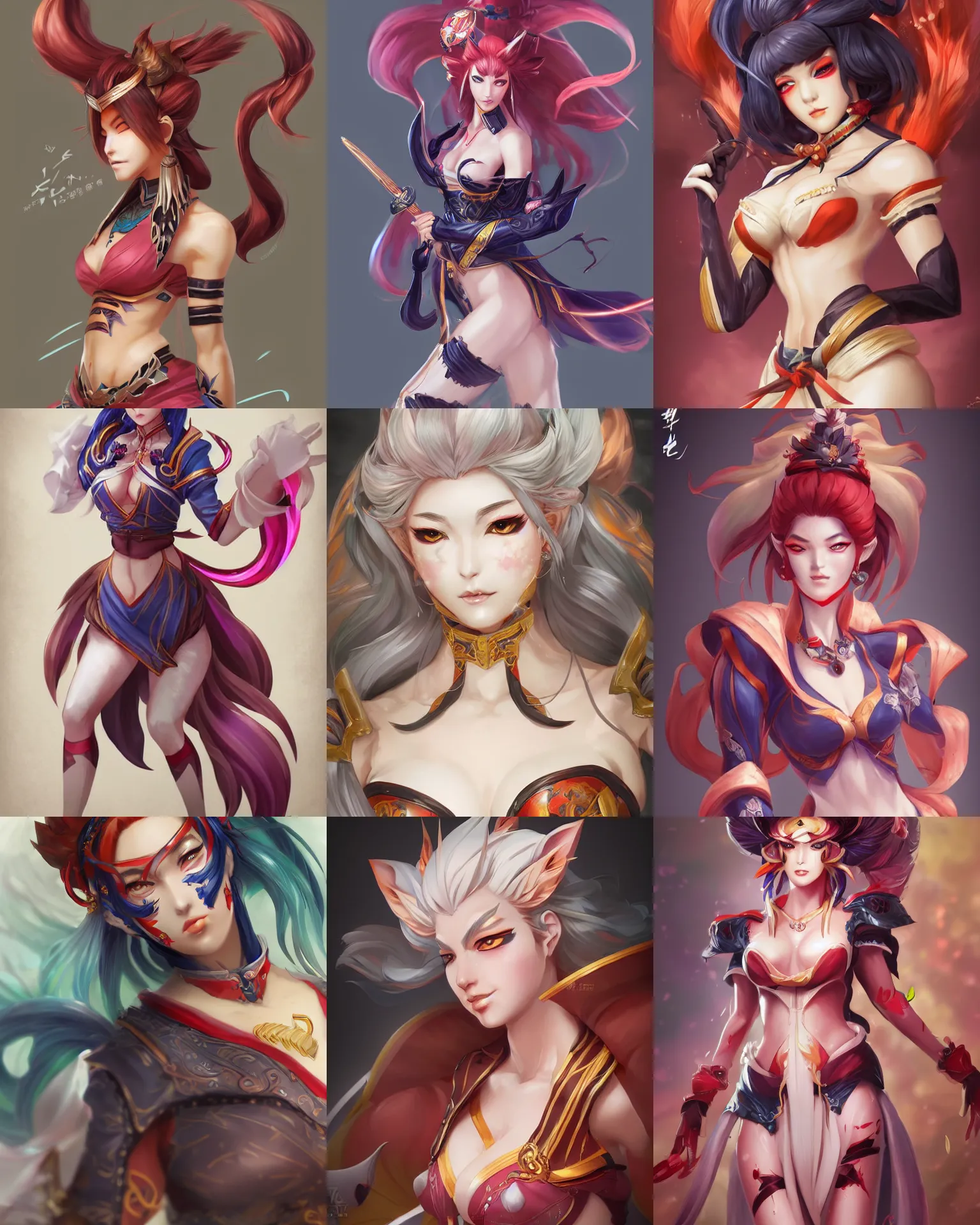 Prompt: A beautiful kitsune woman, official Genshin Impact character concept, League of Legends official character concept, anime, by Artgerm and Sakimichan, professional character designer, trending on Artstation, highly detailed, cgsociety