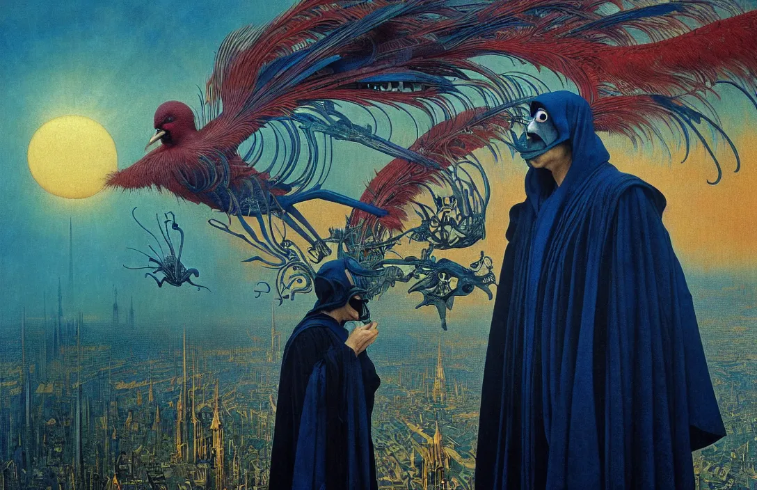 Image similar to realistic detailed portrait movie shot of a birdman wearing a dark robes, sci fi city landscape background by denis villeneuve, amano, yves tanguy, alphonse mucha, ernst haeckel, max ernst, roger dean, masterpiece, rich moody colours, dog teeth, blue eyes, sunrise