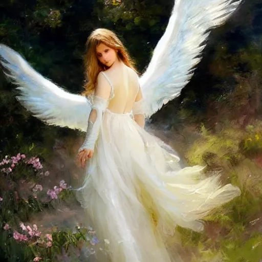 Image similar to a beautiful portrait of an angel with pretty face and her huge white wings spread out painted by gerhartz, highly detailed, beautiful, back lit, graceful and elegant, ethereal.