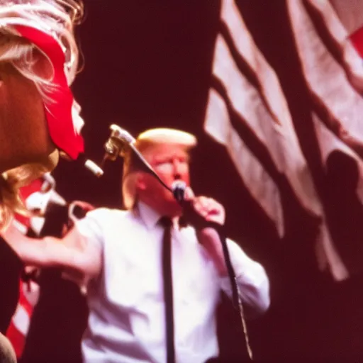 Prompt: photo of donald trump on stage singing in heavy metal band, cinestill, 800t, 35mm, full-HD