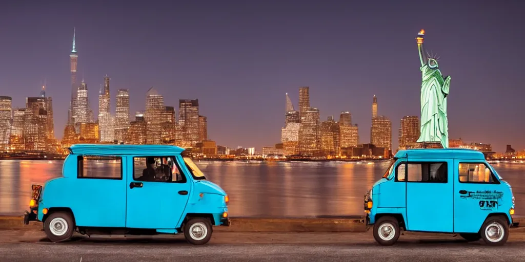 Image similar to a lonely blue tuk tuk with the statue of liberty in the background, night, full color