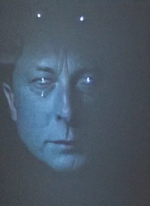 Image similar to dark photo of dark blue rainy bedroom window at night, dimly lit creepy face of elon musk staring in through the window, horror, scary face,