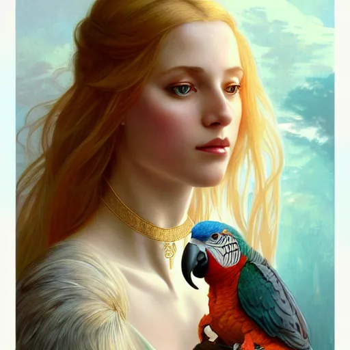 Image similar to portrait of a young blonde girl with a parrot, upper body, long hair, intricate, elegant, highly detailed, digital painting, artstation, concept art, matte, sharp focus, illustration, art by artgerm and greg rutkowski and alphonse mucha