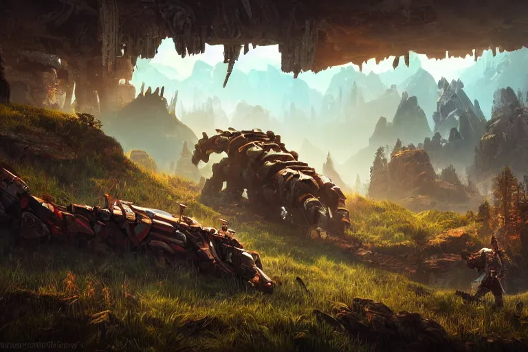 Image similar to tremortusk machine mecanical creature robot of horizon forbidden west horizon zero dawn radiating a glowing aura global illumination ray tracing hdr fanart arstation by ian pesty and alena aenami artworks in 4 k