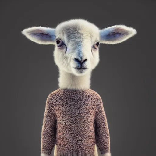 Prompt: lamb wearing a sweater, canon portrait, full body shot 4k, blurry background, artwork, artstation,