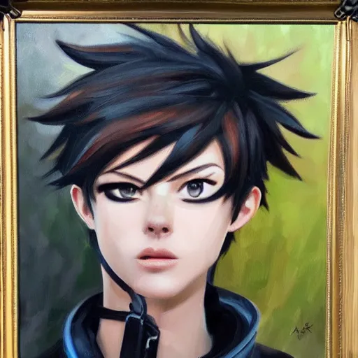 Image similar to oil painting of tracer overwatch in a field wearing very large black leather belt choker collar around neck, in style of mark arian, expressive face, very detailed face, very detailed eyes, belt around neck, full body, feminine face, tracer overwatch,