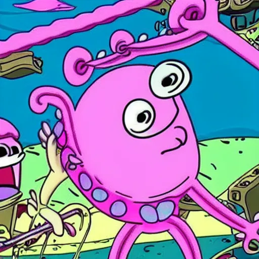 Image similar to pink jellyfish from the cartoon SpongeBob Squarepants hits SpongeBob with a metal sieve